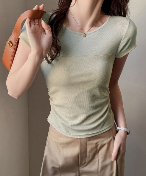 リブTシャツ 異素材切り替えカットソー レディース クルーネックt 大人可愛い 着回し 半袖カットソー おしゃれプルオーバー カジュアルtシャツ ベーシック通勤 617SY-007